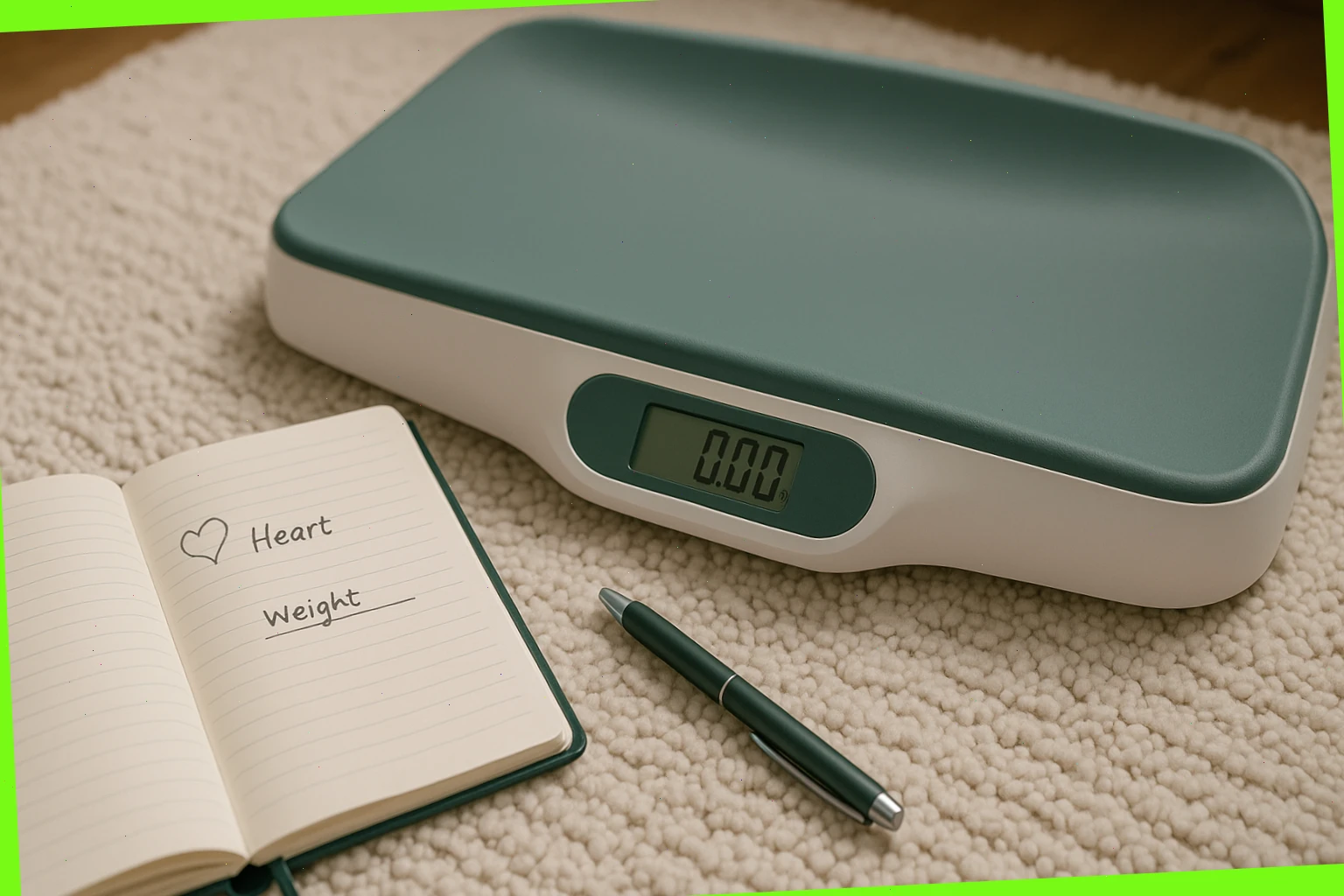 Notebook with heart and weight entries beside a pet scale at home