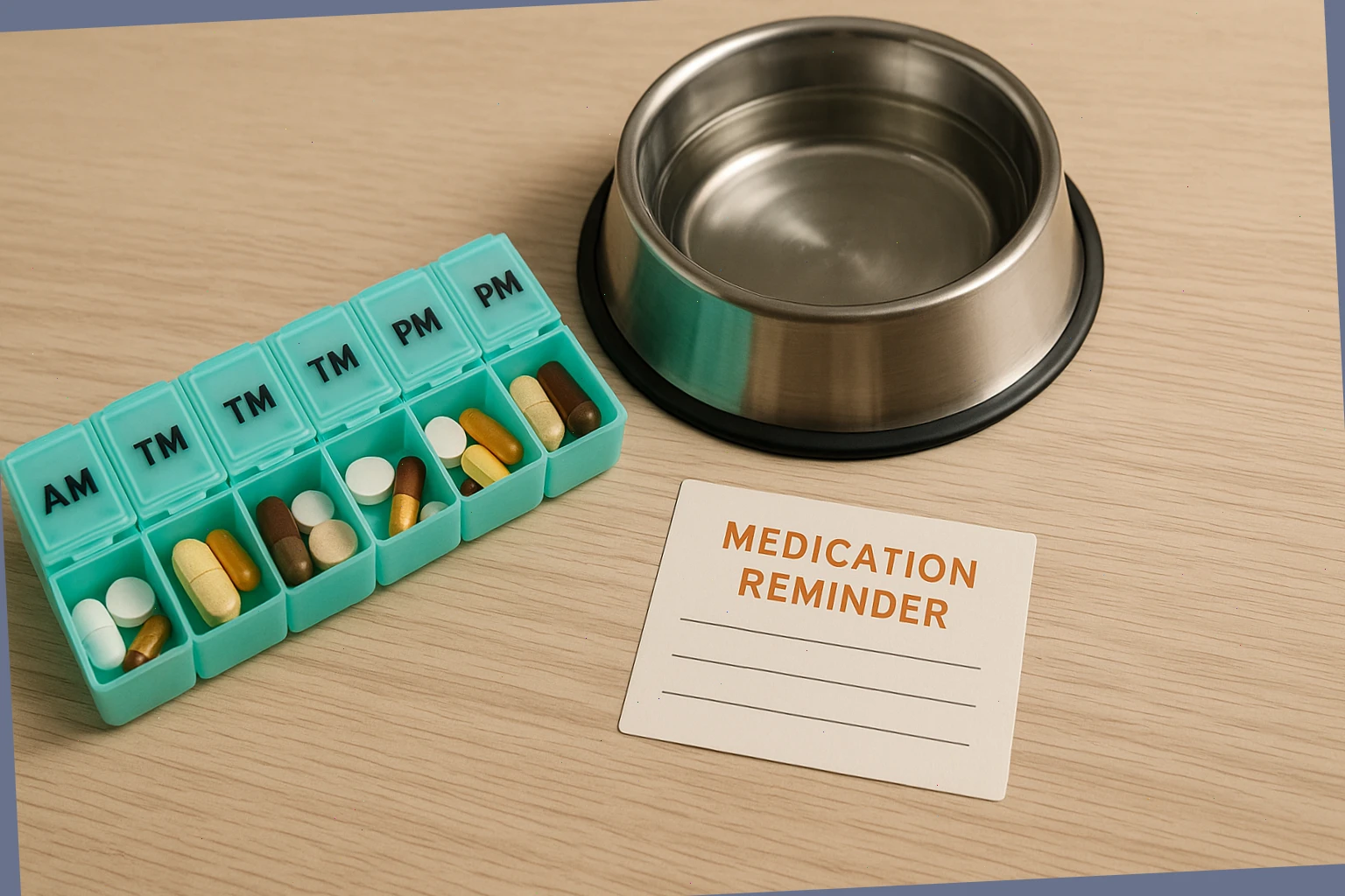Pill organizer with labelled times next to a water bowl and reminder card