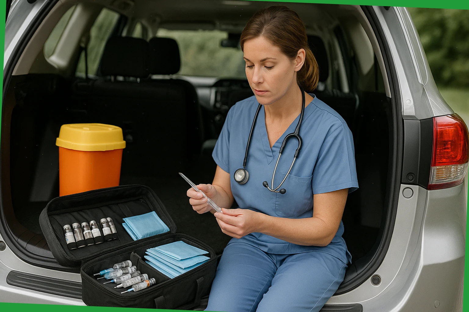 Nurse checking mobile kit with vaccines, sharps box, and clean covers