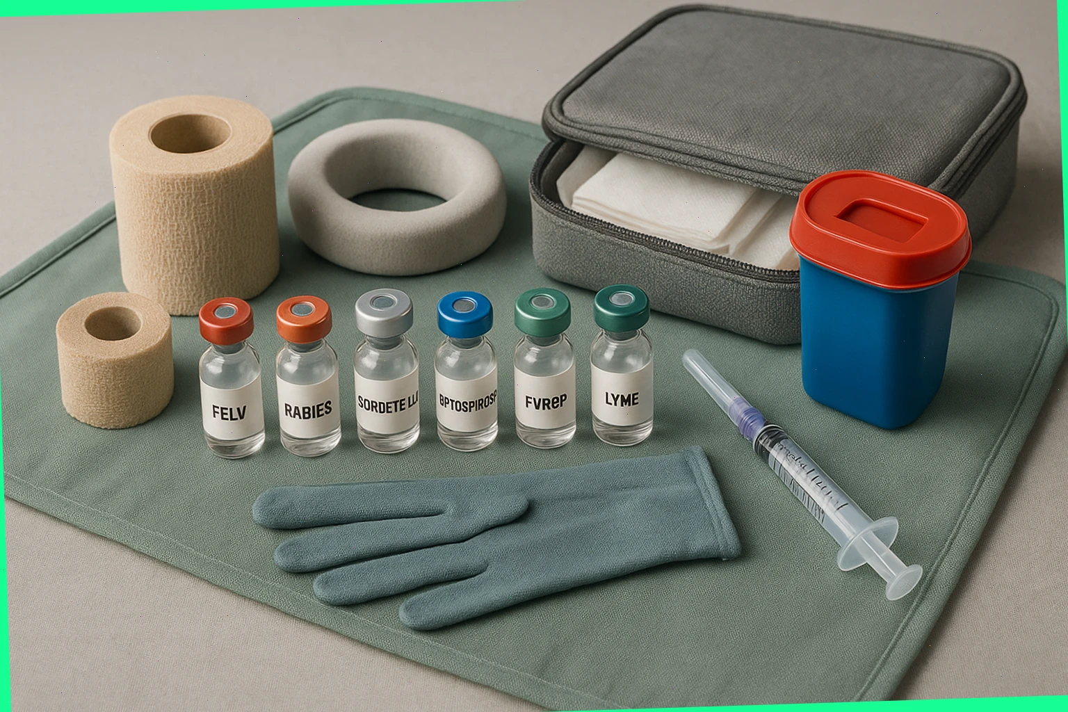 Vaccination kit with labelled vials and gentle hold aids on a clean mat